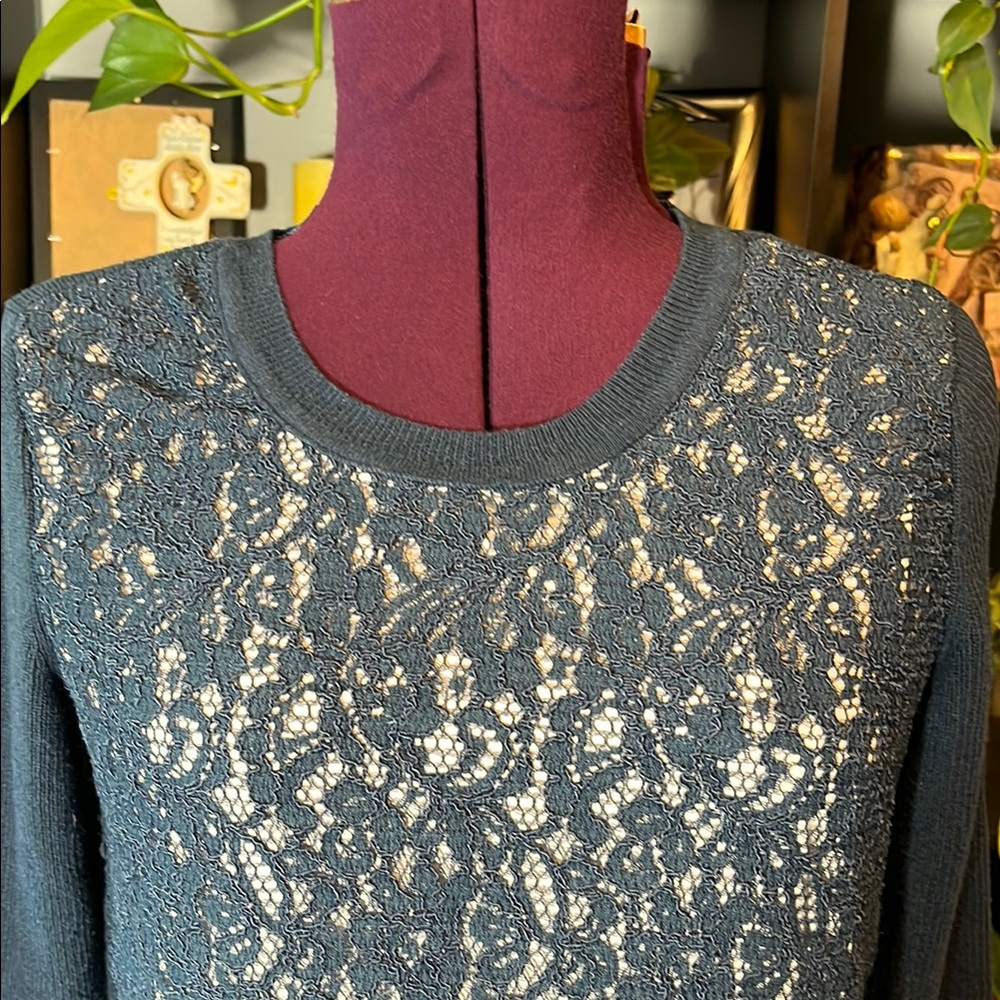 Simply Vera Vera Wang Blue Crew Neck Sweater with Lace Overlay - Picture 2 of 8